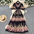 French riviera style printed short-sleeve pleated dress - women's summer v-neck, cinched waist, tie-up maxi dress - high-end, slimming fit