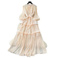 French high-end women's dress - autumn  collection: tie-waist, lantern sleeve, elegant, flowy, and floor-length maxi dress