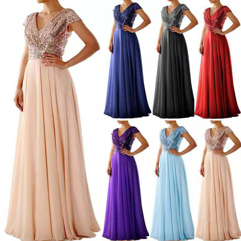 summer new arrival: women's foreign trade dress -  &  new v-neck sequin chiffon patchwork evening gown maxi dress