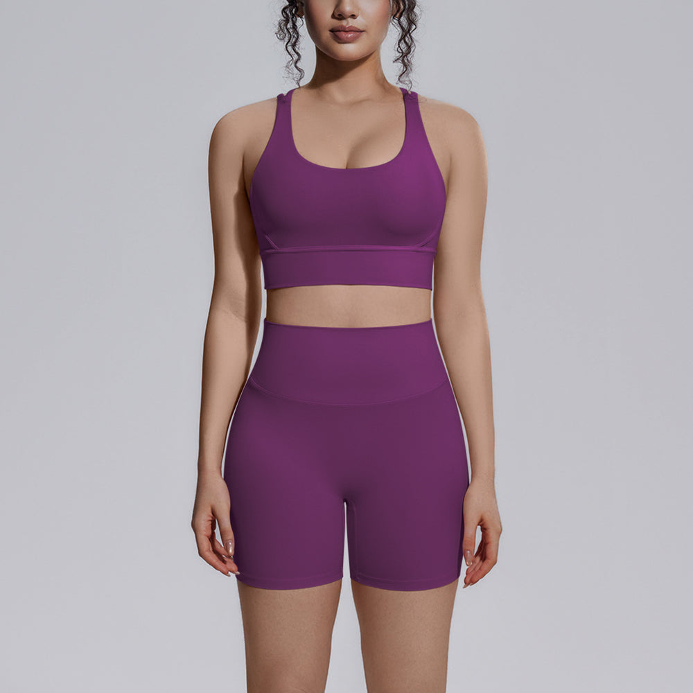 New arrival cross-border double-sided brocade back cross tight-fitting breathable yoga suit sports running fitness two-piece set for women