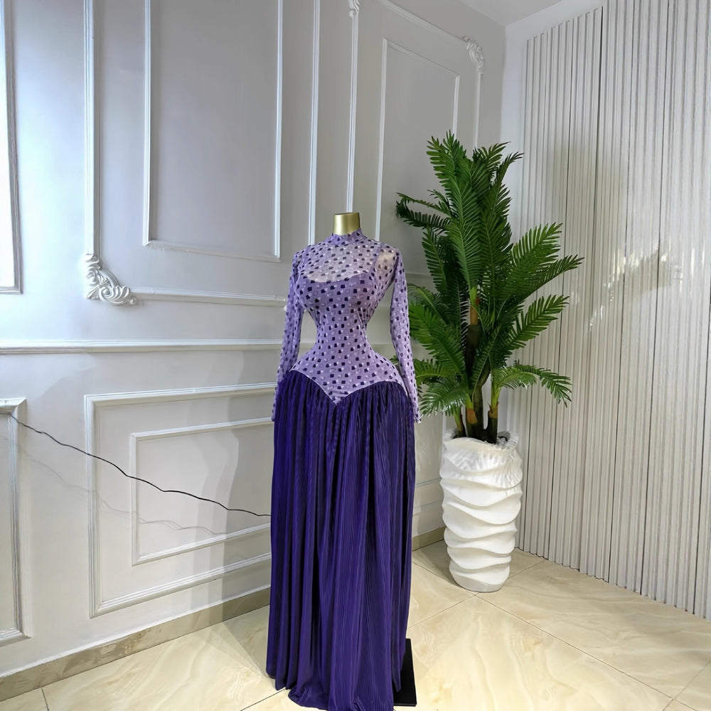 European and american cross-border women's winter  new arrival: long-sleeved stand collar slim-fit patchwork pleated maxi dress - elegant style