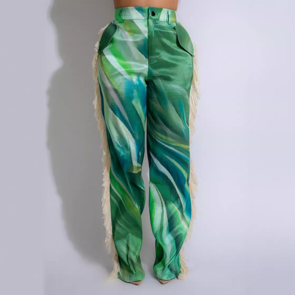 Amazon hot selling european and american women's fashion printed tassel straight-leg casual pants cross-border e-commerce women's trousers