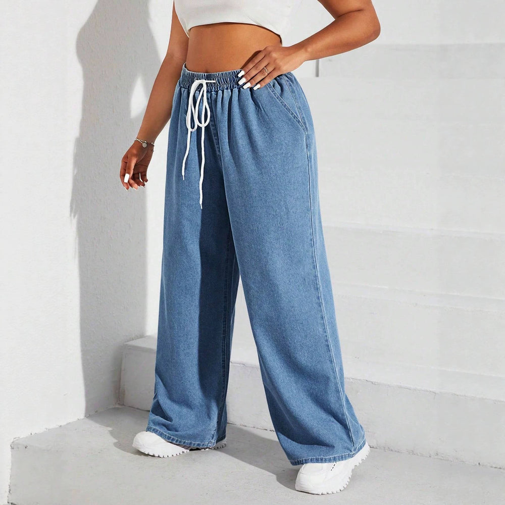 Amazon tiktok pinduoduo foreign trade cross-border fashion plus size drawstring elastic waist wide leg jeans