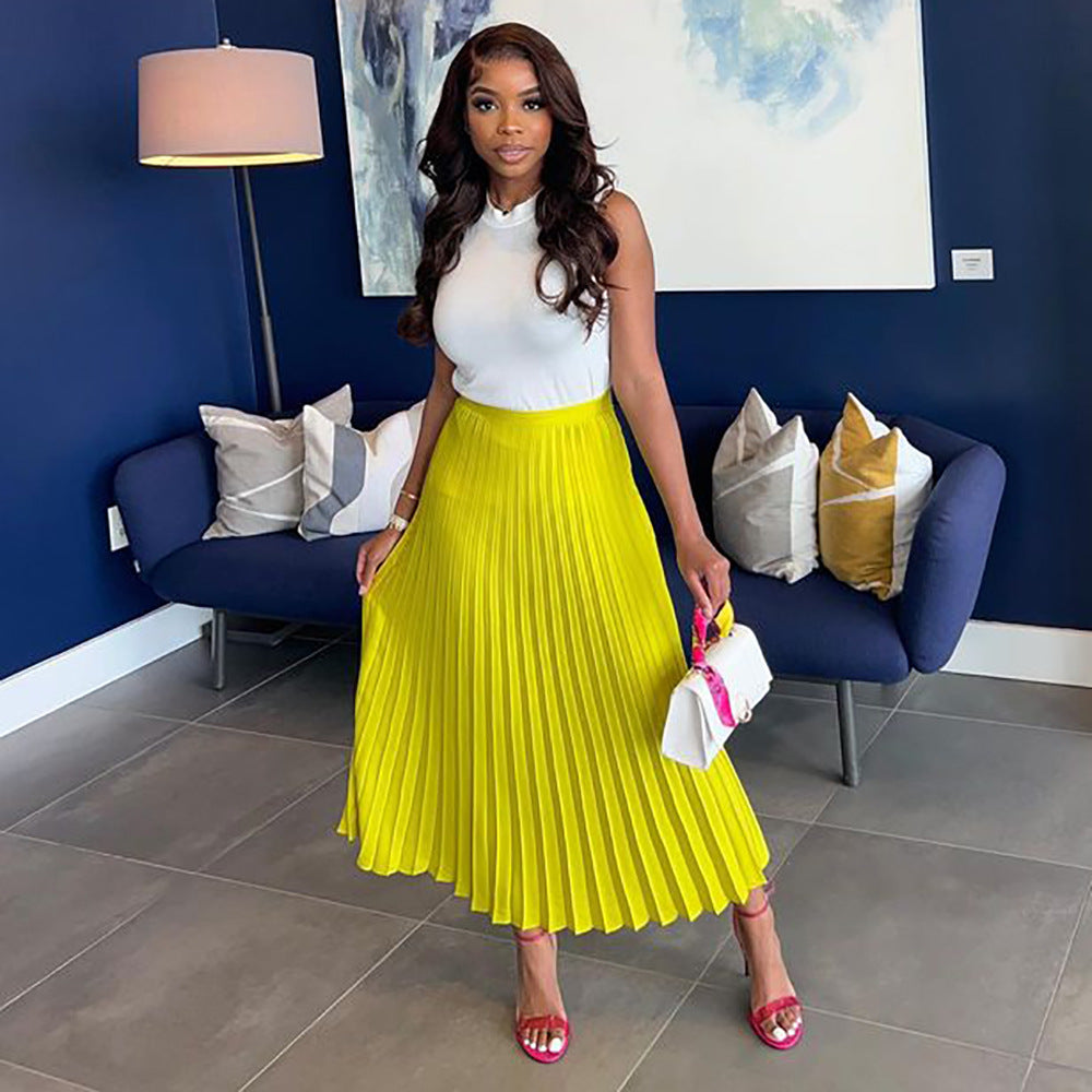 European and american cross-border women's fashion  summer new streetwear casual midi skirt high waist solid color versatile pleated maxi skirt