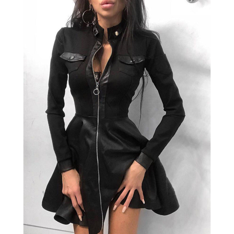 fall/winter new arrival: cross-border women's fashion dress - bestselling european & american style leather patchwork bodycon dress