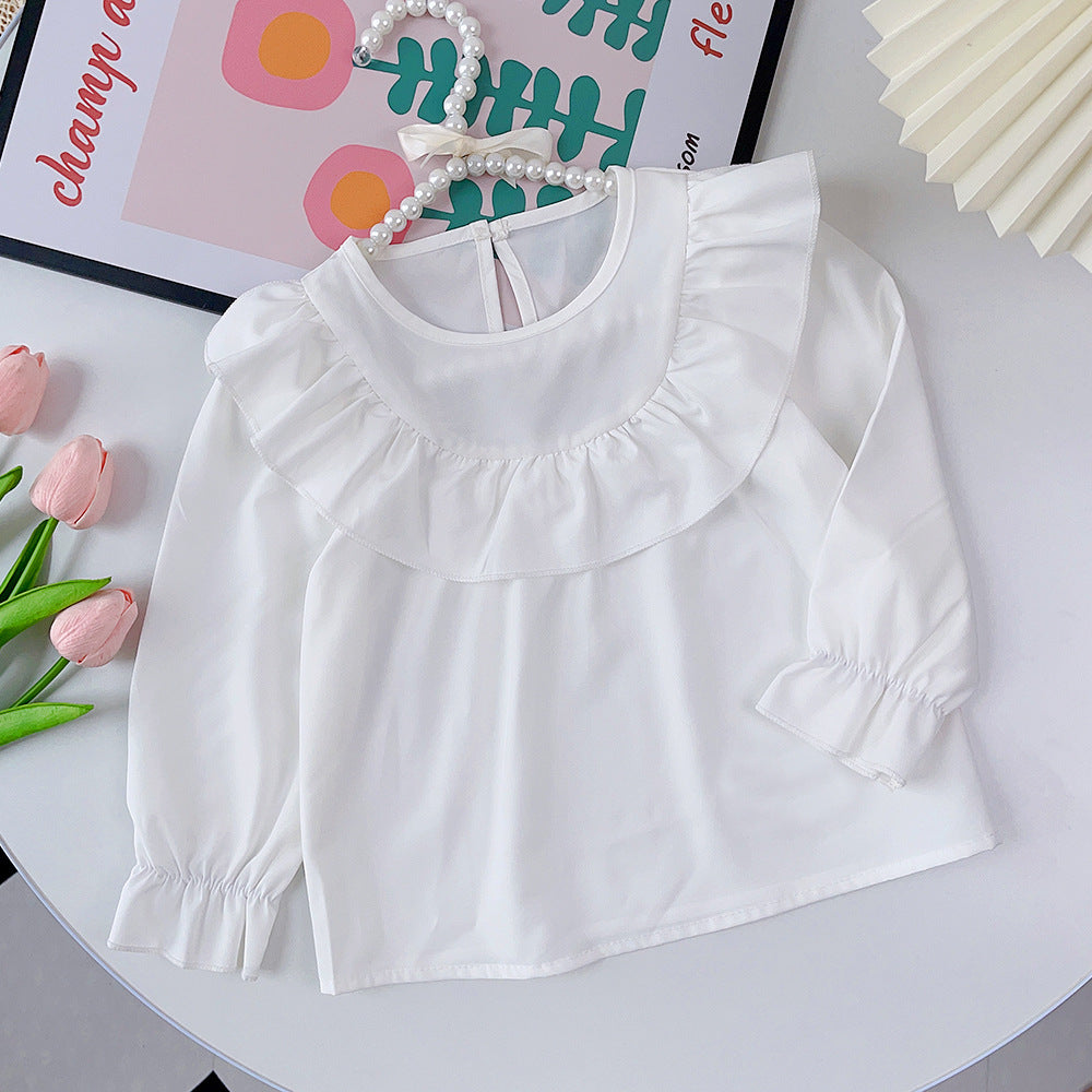 Autumn new arrivals: korean style girls' large lace collar shirt - kids' elegant solid color top, versatile blouse wholesale