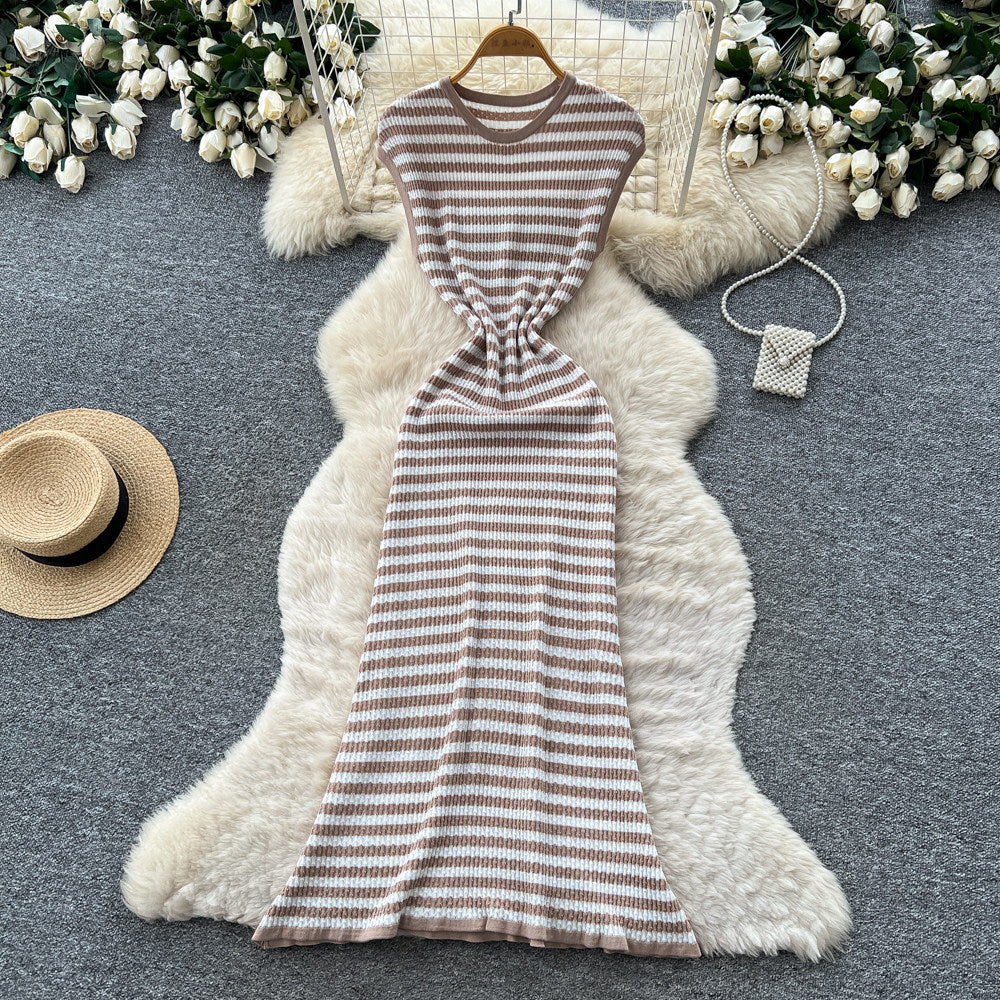 K-stylestripes sleeveless knittingeasiest for matchdress women's summer silm waist slimming lookwork clothingcasual long skirt