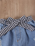 European and american style girls' summer lace patchwork sleeve top + heavy-duty washed denim pants set with belt