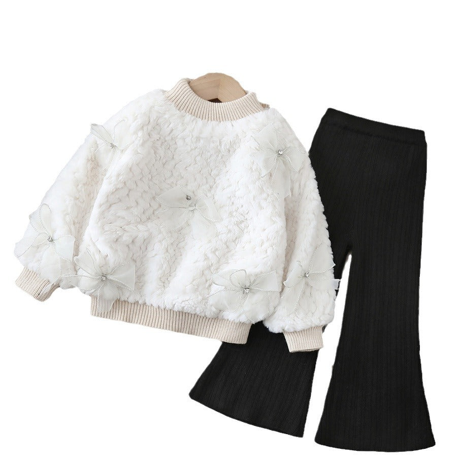 Girls' fuzzy two-piece set, thickened crew neck,  autumn/winter new collection, little girl's pullover fuzzy outfit