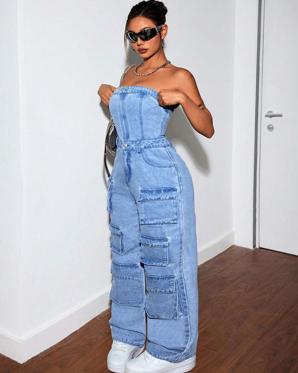 European and american style denim jumpsuit -  cross-border women's fashion hot girl bandeau multi-pocket cargo pants