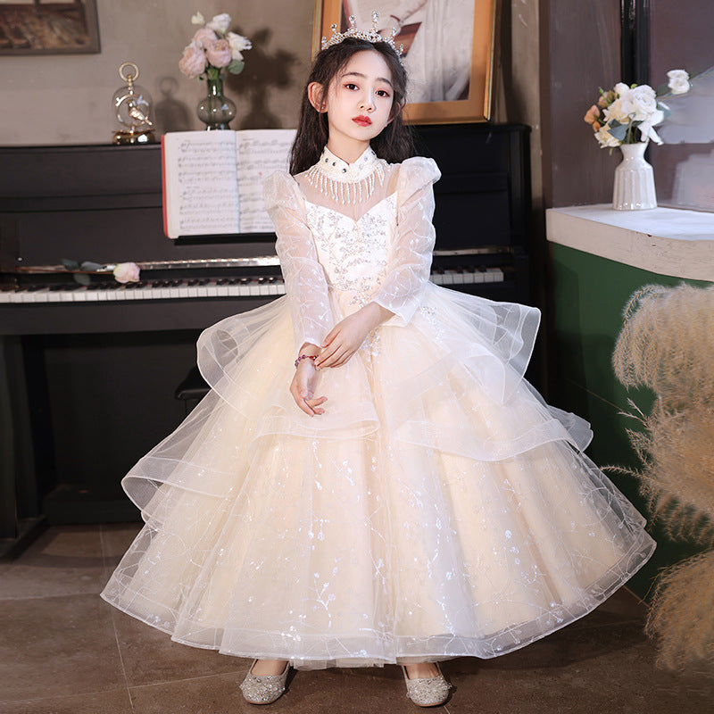 girl's dress flower girl wedding dress princess dress kids catwalk host spring & fallnew arrival mesh piano performance