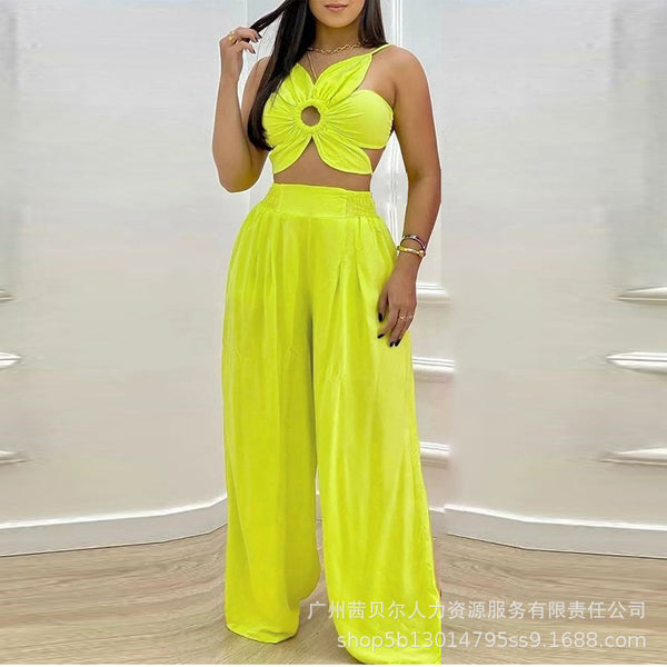 LZR18628 European and American women's clothing new flower cutting design halter shirt set wide-leg casual trousers 2-piece set