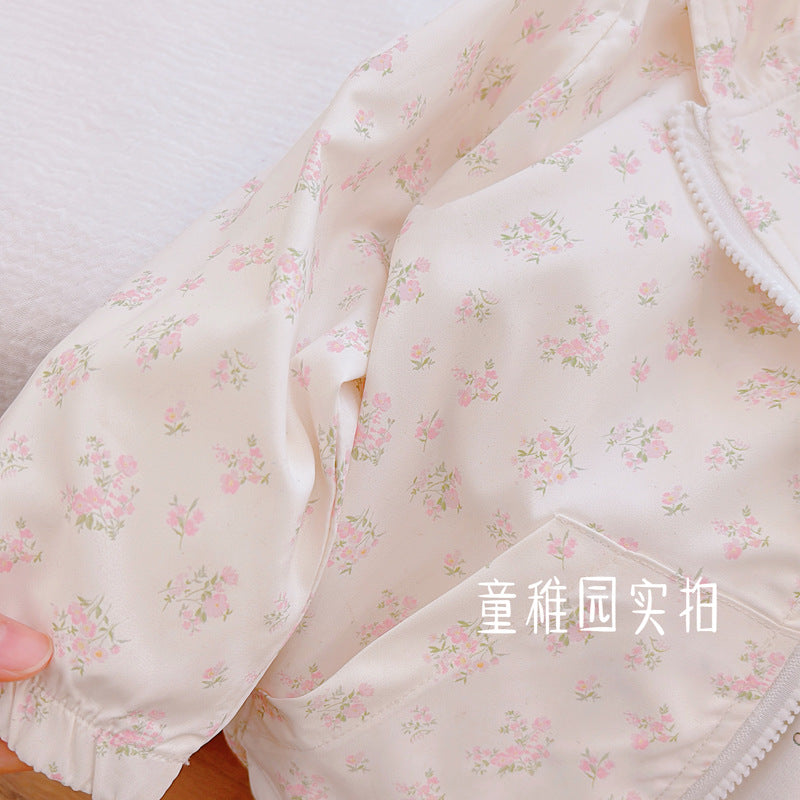 spring/autumn girls' zip-up jacket - white floral hooded outerwear - trendy and stylish baby girl's coat - cute