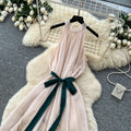 French riviera style halter sleeveless dress - women's summer cinched waist slimming tiered ruffle cake dress