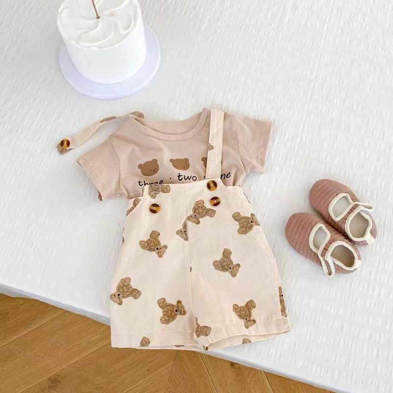 Summer lightweight baby boy stylish overalls shorts two-piece outfit - trendy fashion set for infants and toddlers, perfect for home and outdoor wear