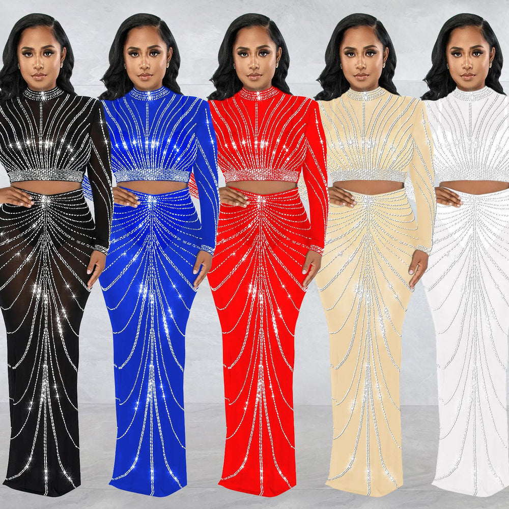 C6028 cross-border   fashion women's mesh rhinestone see-through long sleeve maxi dress two-piece set