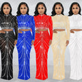 C6028 cross-border   fashion women's mesh rhinestone see-through long sleeve maxi dress two-piece set