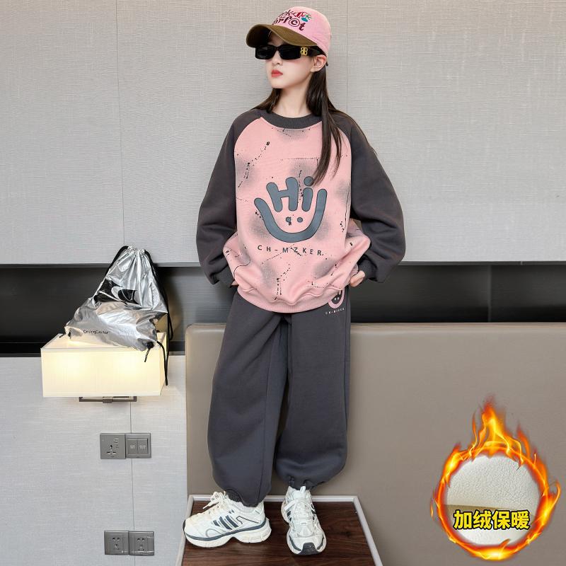 Girls' sweatshirt autumn/winter  new collection: kids' fleece-lined set, thickened winter outfit for older girls, stylish and trendy clothing