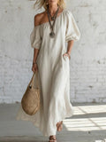 cross-border fashion summer women's solid color loose shoulder retrolong cotton and linen dress