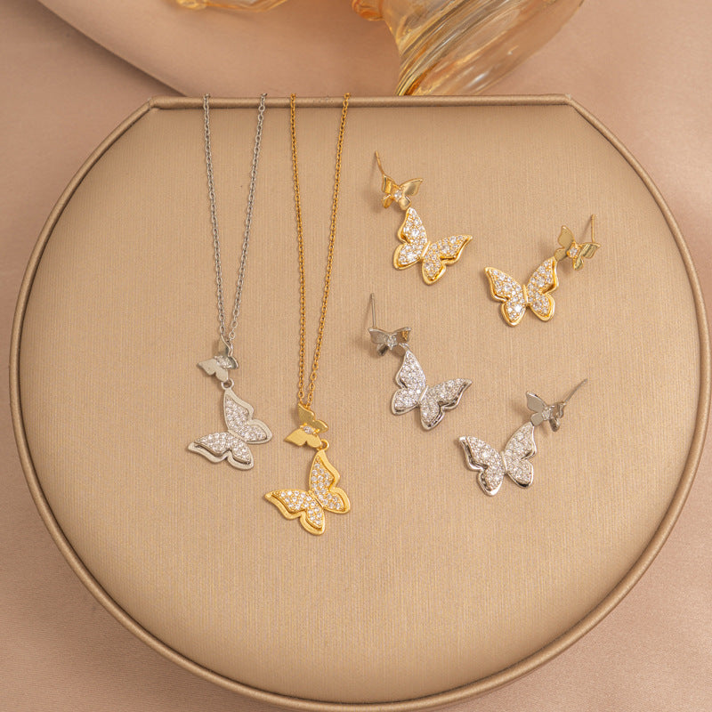 [set] european and american popular butterfly necklace earrings titanium steel light luxury exquisite new high-end sense clavicle chain jewelry