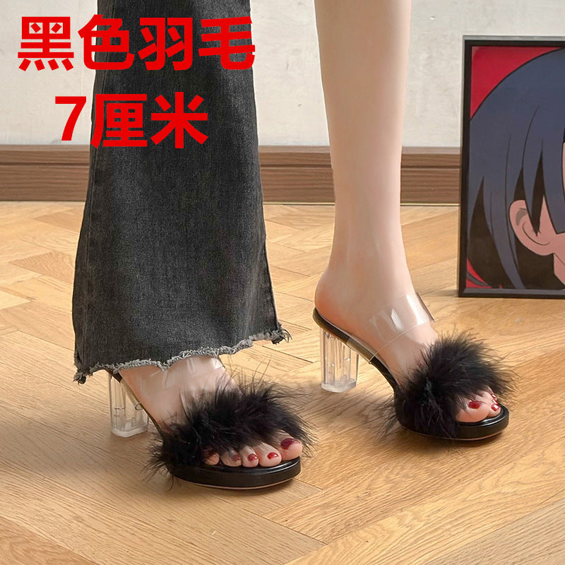 Fairy style furry slippers for women summer outwear 2025 new arrival popular thick heel flip-flops crystal high heel sandals