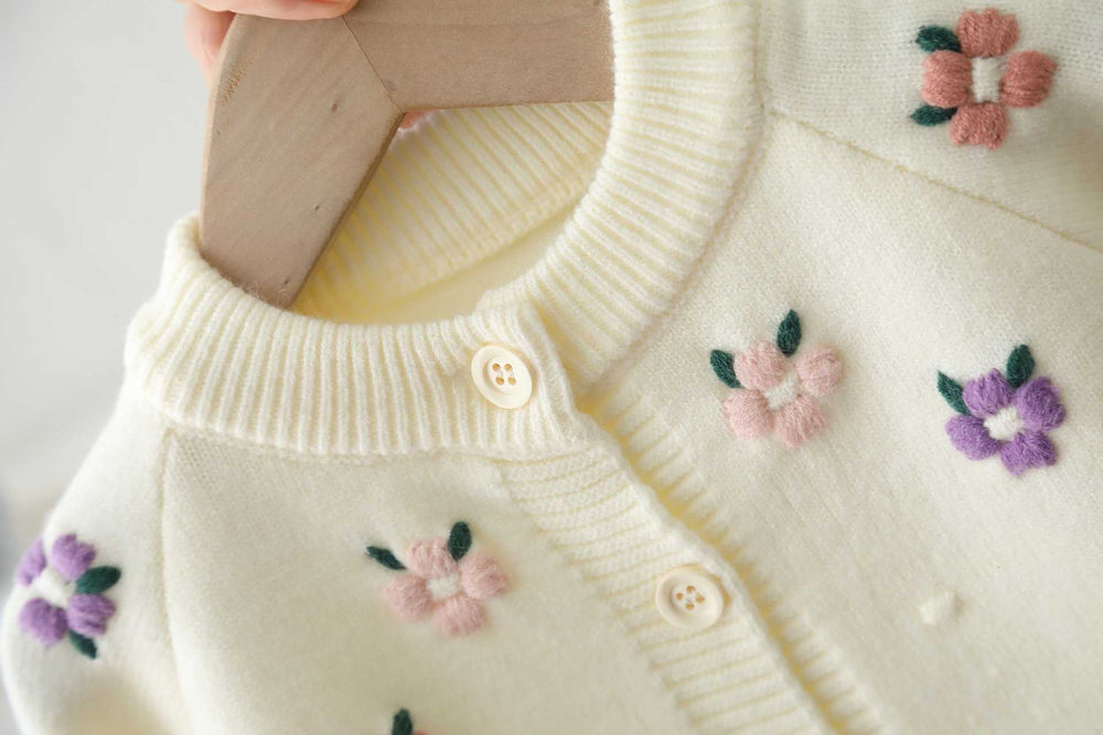 Girls' sweater set: korean style 3d floral purple knit cardigan,  trendy long-sleeve two-piece sweater set