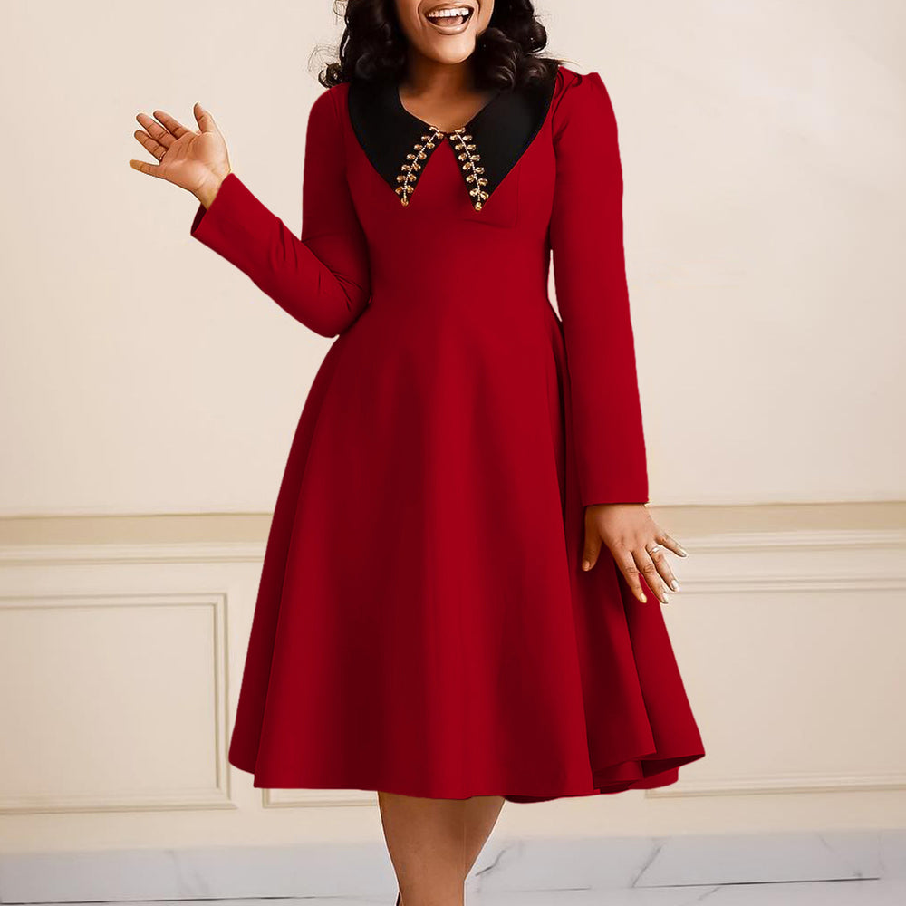 D461   fashionpure color women's long sleeves lapel eleganceslimming look large swing african exportdress