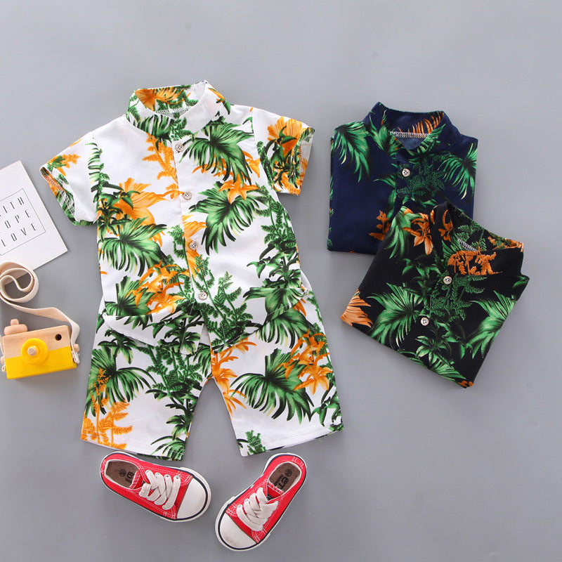 Summer kids' short-sleeve set: boys' printed shirt + shorts two-piece outfit, 0-4 years old, lightweight boys' shirt wholesale
