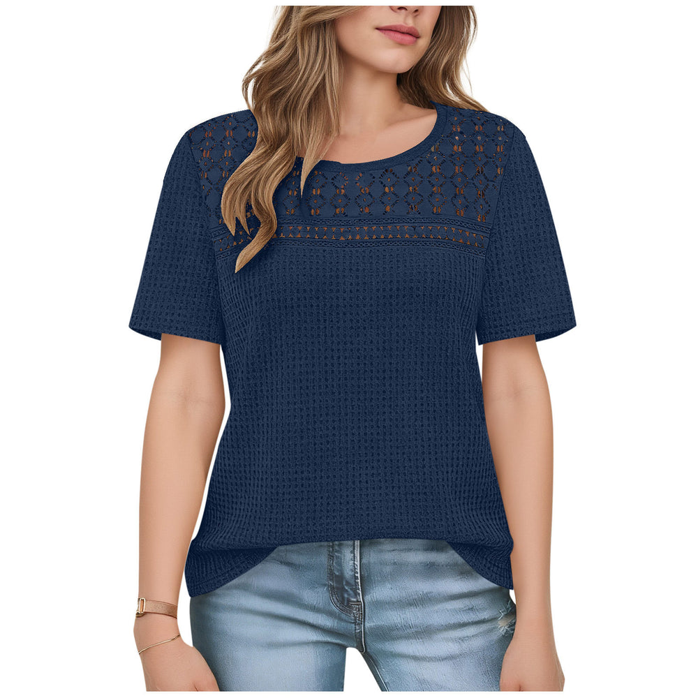 european and american  cross-border women's summer new arrival: mesh hollow-out breathable versatile round neck short sleeve t-shirt top
