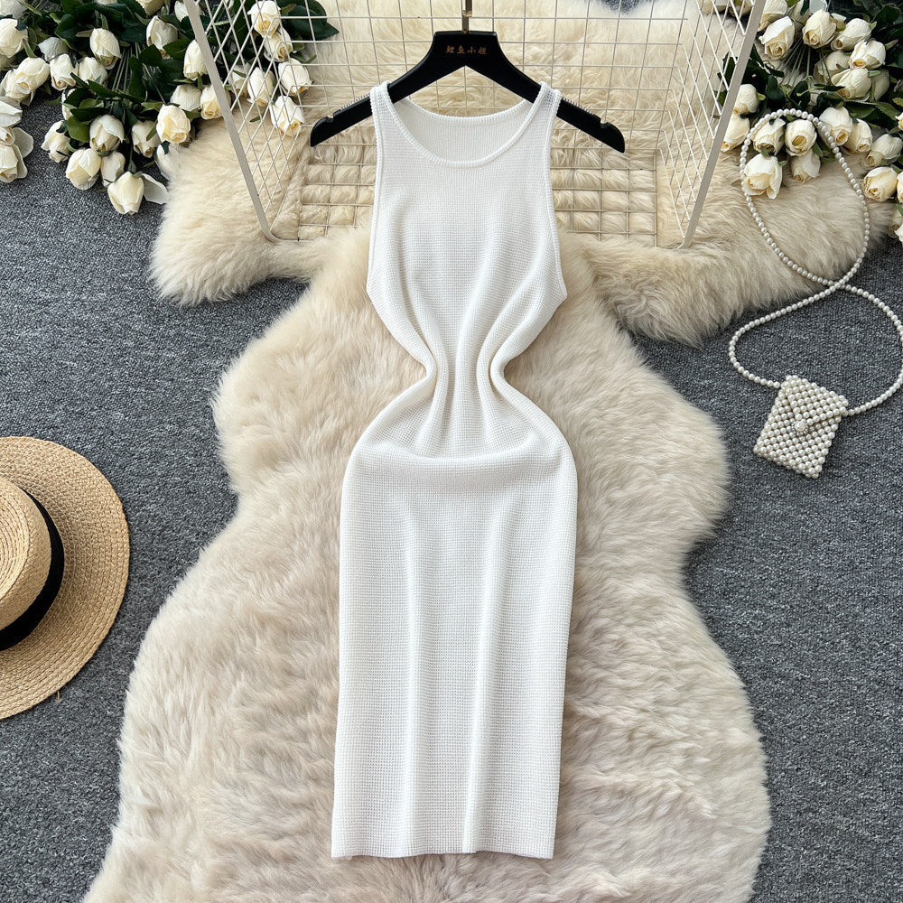 Korean style sleeveless minimalist knit versatile dress - women's summer high-waisted slimming casual a-line dress - light luxury