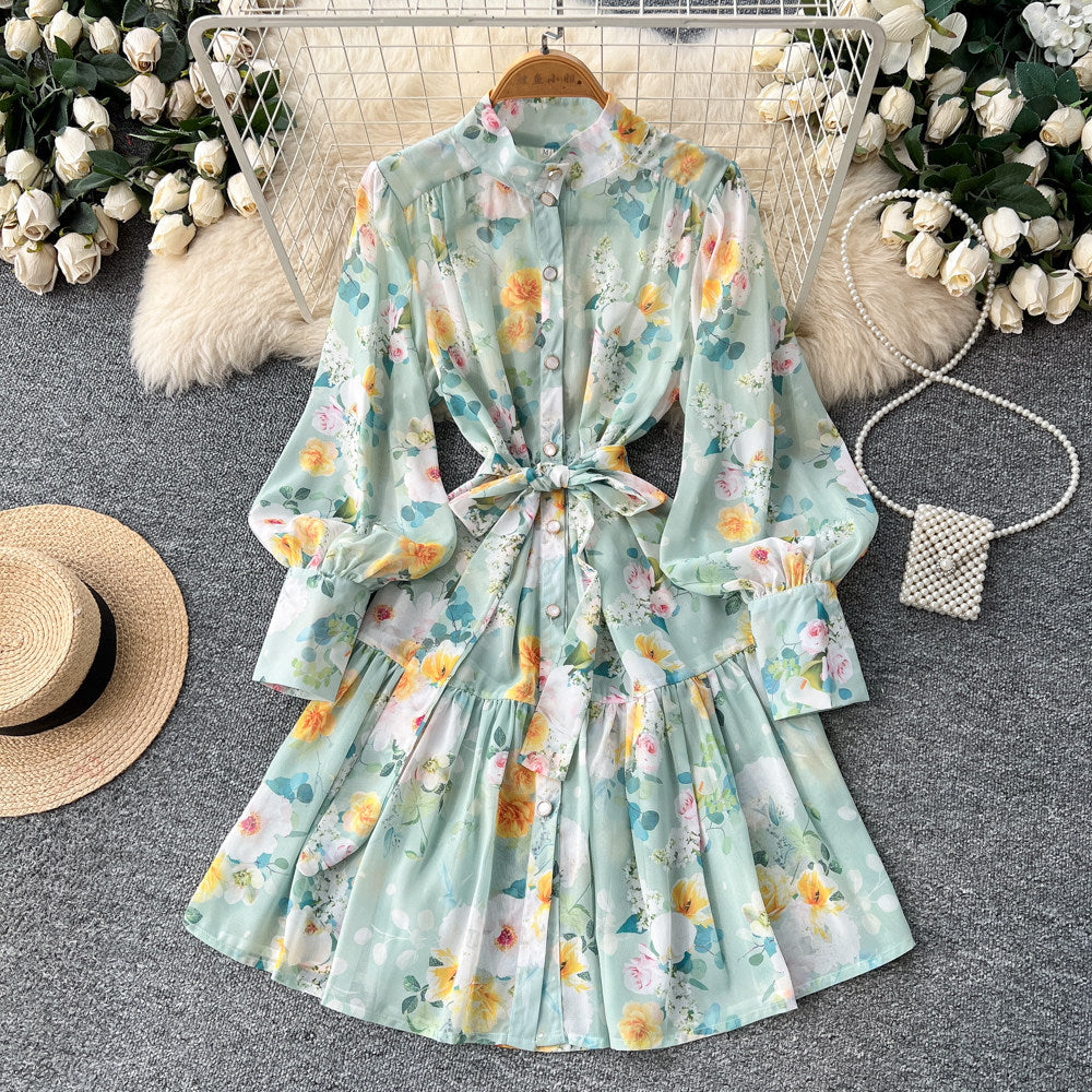 French style stand collar lantern sleeve printed dress - women's summer korean style slimming a-line ruffle skirt