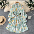 French style stand collar lantern sleeve printed dress - women's summer korean style slimming a-line ruffle skirt