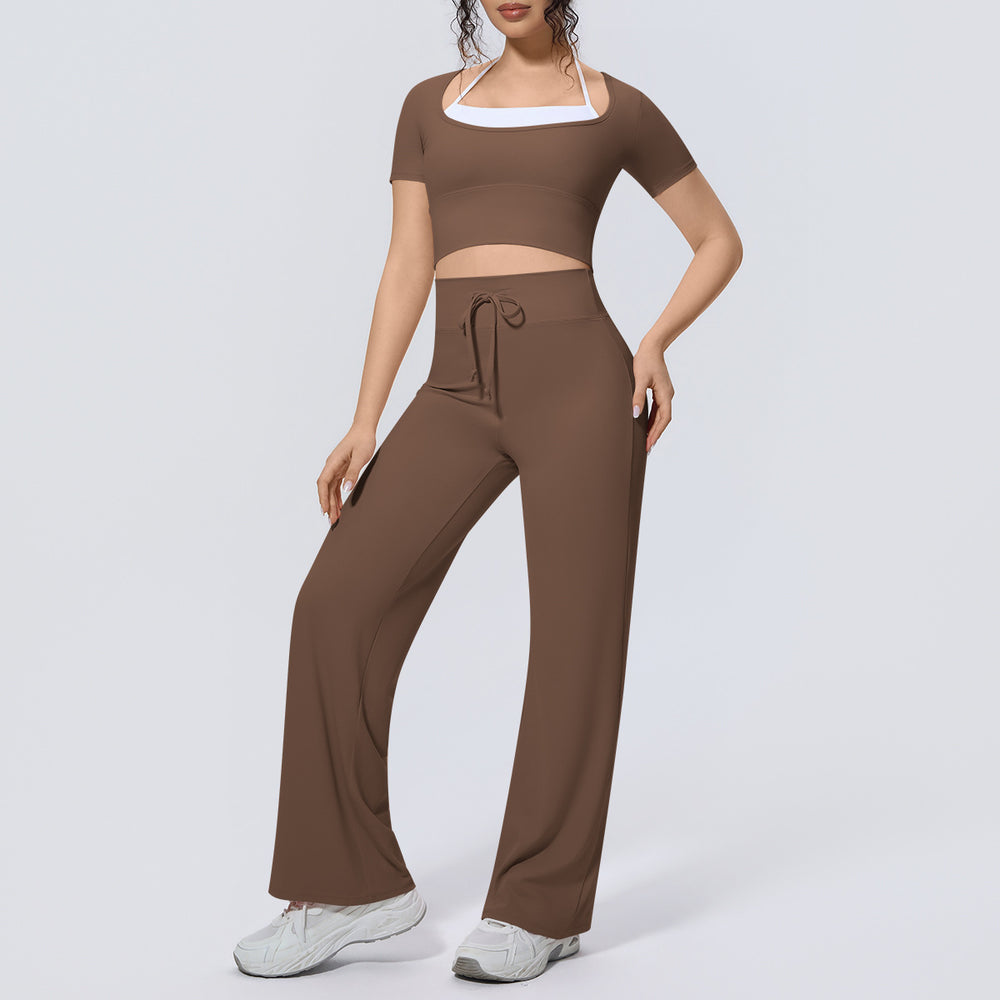 pure color double-piece nude high-elastic fake two-piece yoga suit sports running fitness short-sleeved two-piece set for women