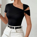 Summer women's asymmetrical one-shoulder twist knot short sleeve slim-fit bodysuit - versatile top for layering or wearing solo - european & american style - cross-border fashion