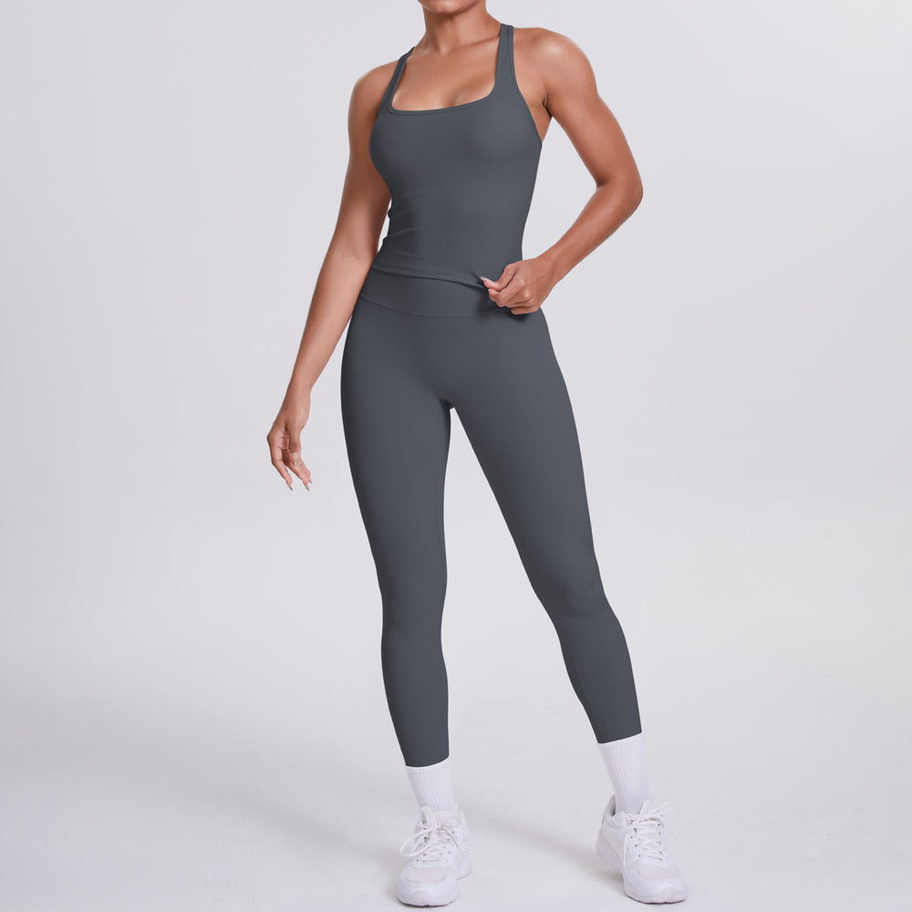 fashion double-sided brushed pure color tight i-shaped back sports suit running fitness yoga clothes two-piece set