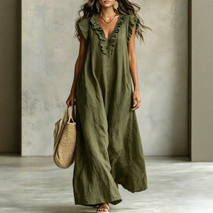 Exportfashionplus sizebohemia vacation long skirt military green rufflesv necklooseslimming look cotton and linen sleeveless