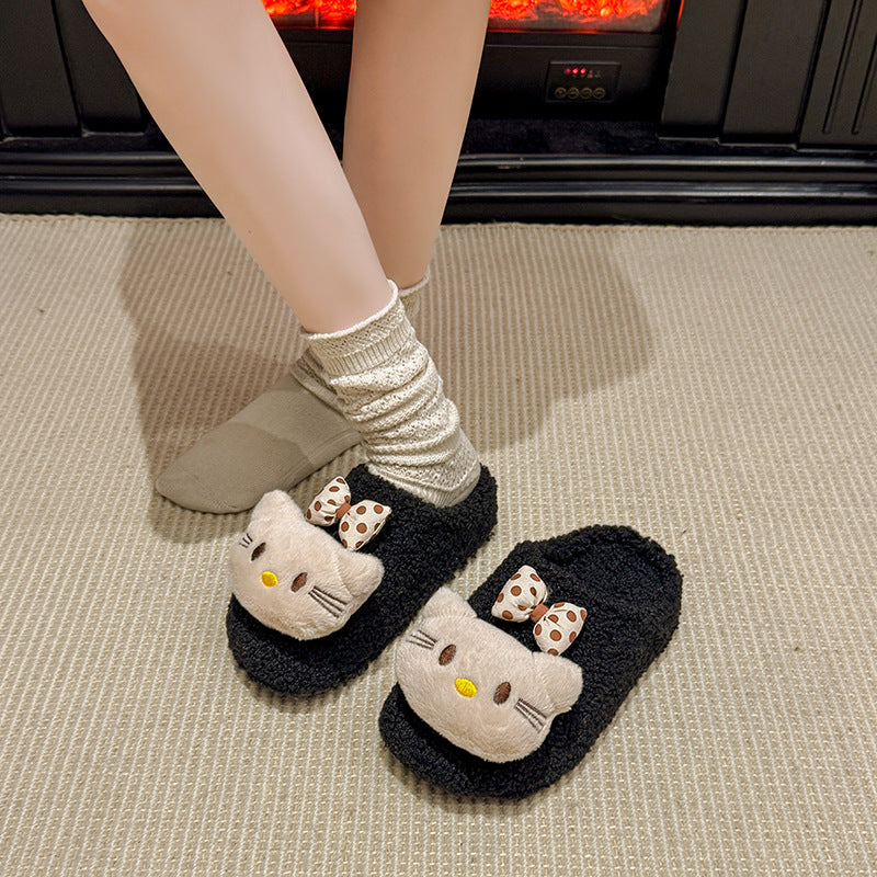 Kt cat casual women's lambswool slippers - autumn/winter cute cartoon warm non-slip home thick-soled closed-toe cotton slippers
