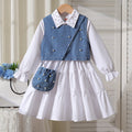 cross-border autumn new arrival: shirt collar bubble bead dress + bubble bead denim vest + crossbody bag three-piece set