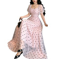european and american cross-border new arrival: ruffle trim, color block, cinched waist, heart print dress - women's slimming, elegant maxi dress