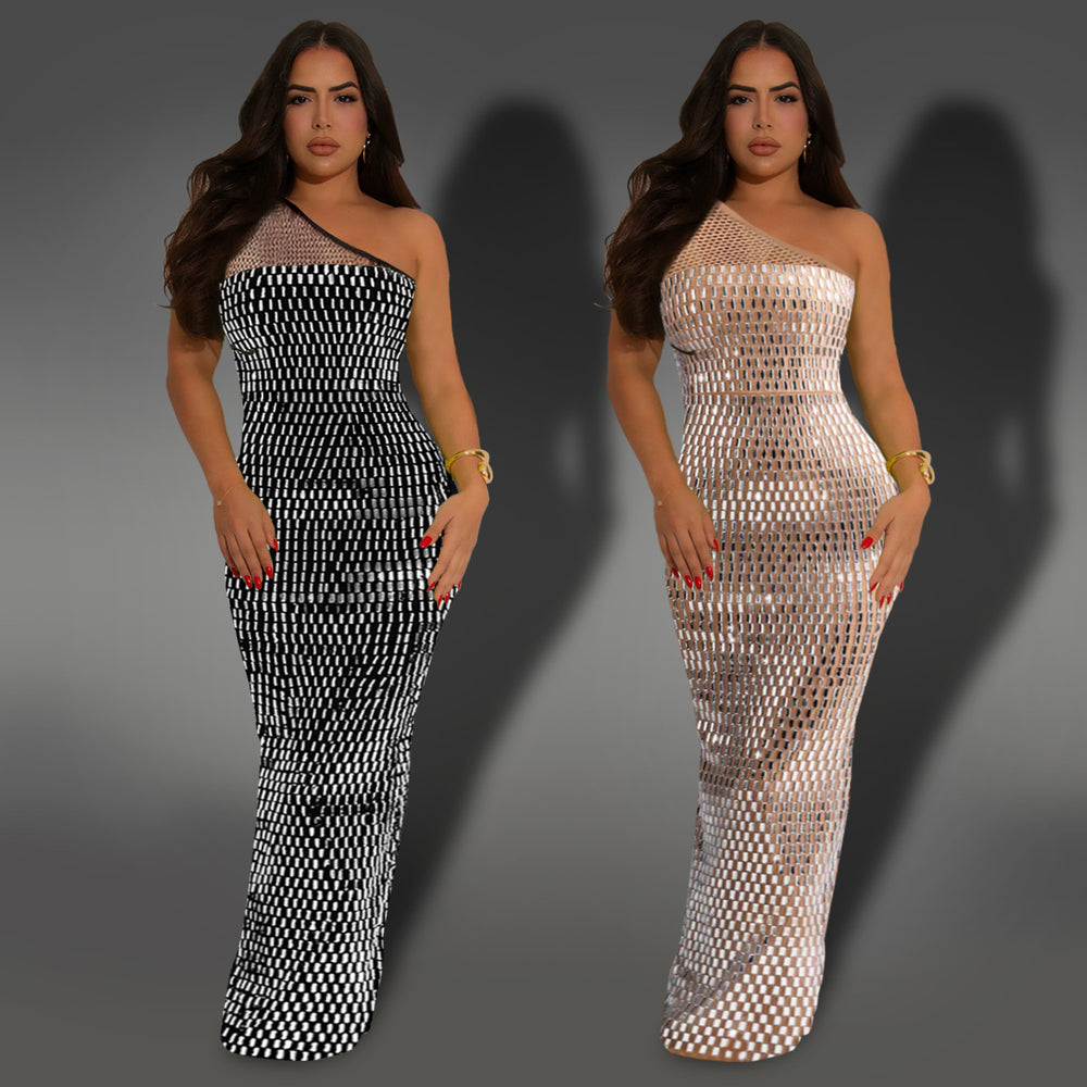 C7422 cross-border   fashion women's sexy mesh rhinestone one-shoulder sleeveless dress