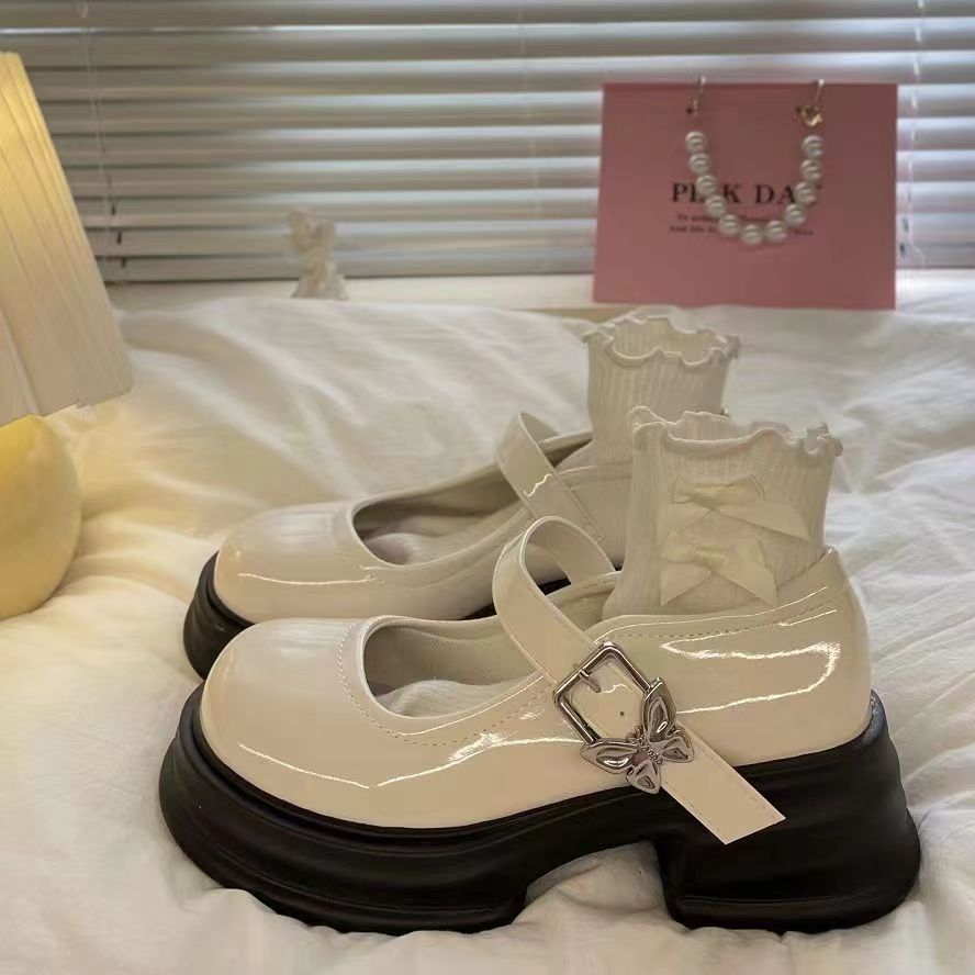 Korean version of black thick heel platform small leather shoes women's 2024 spring new heightening Mary Jane shoes shorty Le high heels