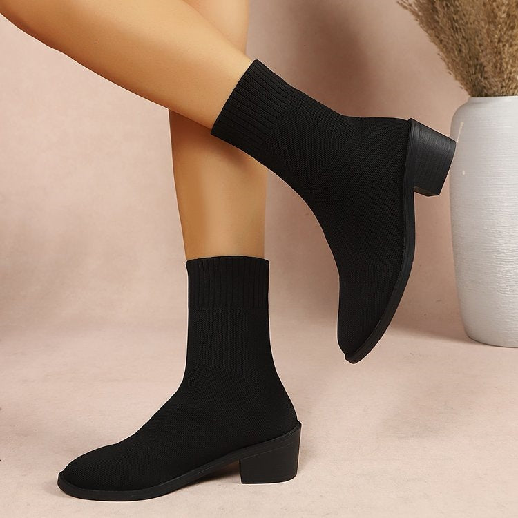 Export women's shoes  fashionknittingspring & fall single boots pointed thick heel women's flats thin boots women's mid-heeled short boots
