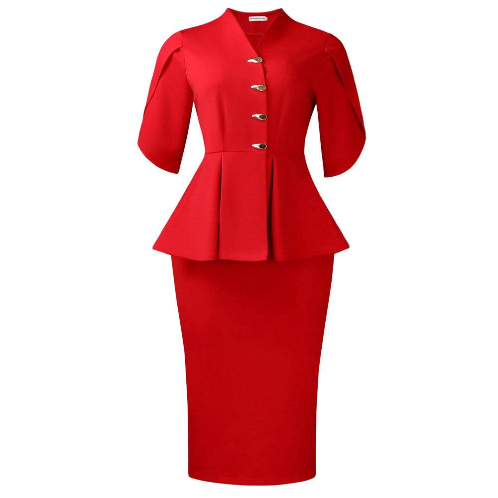 C8660 women's foreign trade clothing  new short-sleeve elegant ruffle hem bodycon slit solid color cross-border fashion set