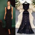 Xiaoxiangfengclassy round neck sleeveless knittingdress women's silmslimming look metal button tight hip-hugging long skirt