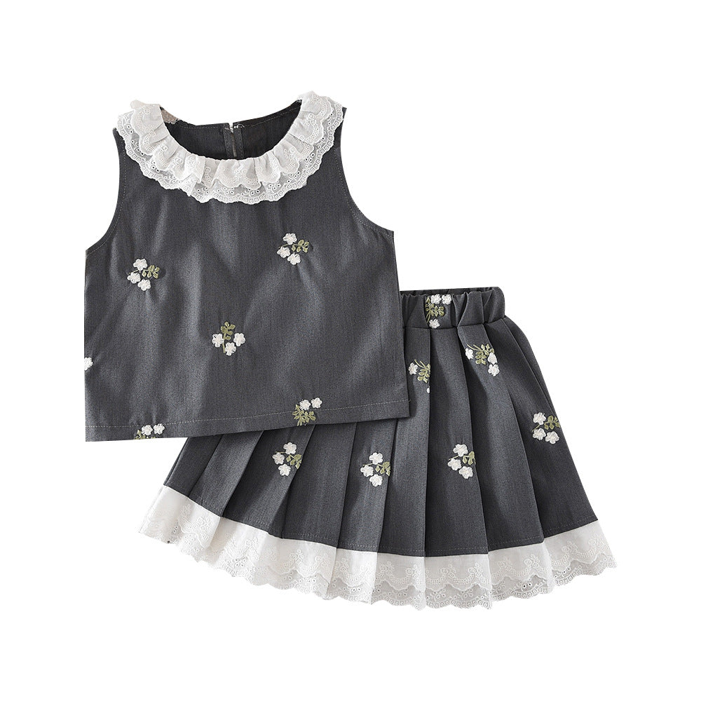 Girls' summer outfit: new embroidered floral tweed-style tank top and pleated skirt two-piece set - hot seller for cross-border e-commerce