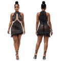 C7703 cross-border   fashion women's sexy mesh rhinestone beaded bodycon dress