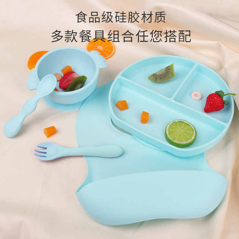 Food grade silicone complementary food bowl baby tableware set with spoon suction cup anti-drop child feeding tableware silicone bowl
