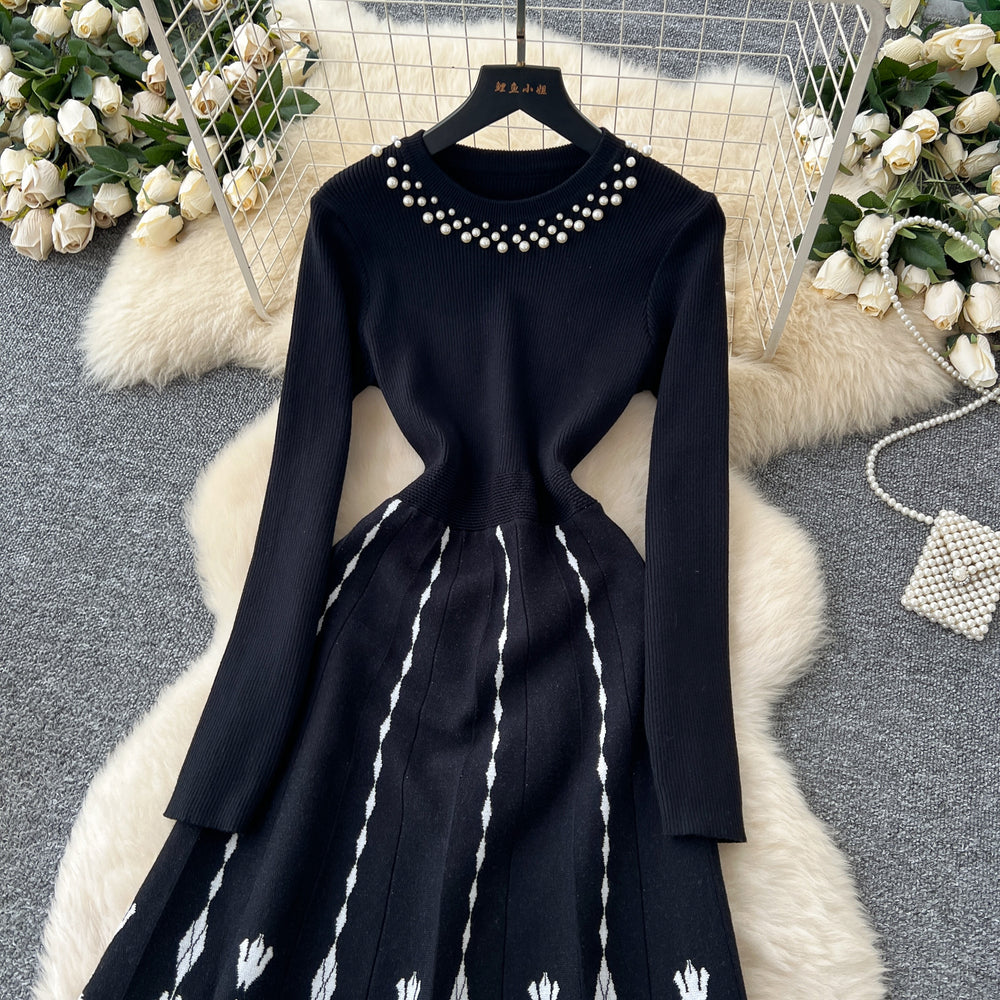 Classy lady heavy industry beading round neck long sleevesdress women  fall and winter waist inner sweater skirt long skirt