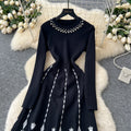 Classy lady heavy industry beading round neck long sleevesdress women  fall and winter waist inner sweater skirt long skirt