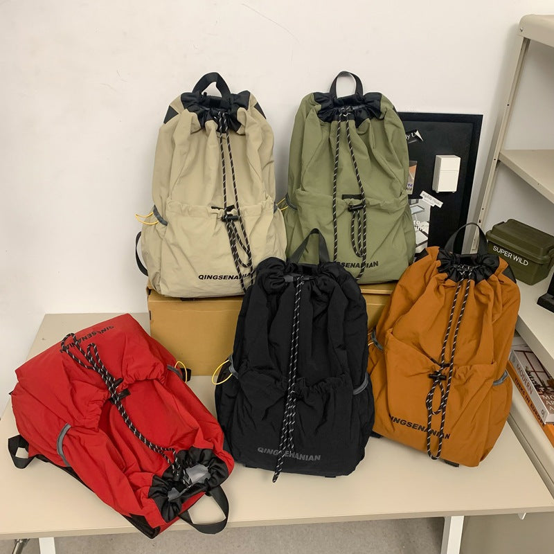 New Korean version drawstring retro backpack, lightweight and trendy junior high school student schoolbag, sports outdoor travel backpack